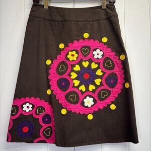 Boden Womens Whimsical Boho Embroidered Floral Midi Skirt Size 4 Brown Indie